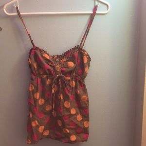 Brown with orange and pink polk-a-dot tank top.